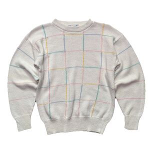 Vintage 80s Deans of Scotland Womens M Pastel Grid Crewneck Sweater Cottagecore